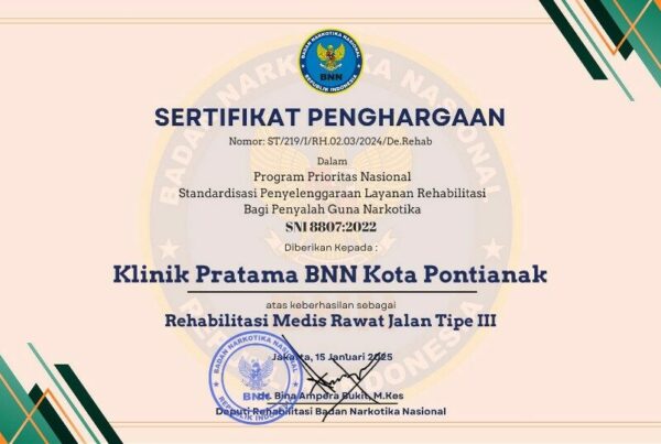Klinik Pratama BNN Kota Pontianak telah berhasil memenuhi Standar Nasional Indonesia (SNI 8807 : 2022) Klinik Pratama BNN Kota Pontianak telah berhasil memenuhi Standar Nasional Indonesia (SNI 8807 : 2022)