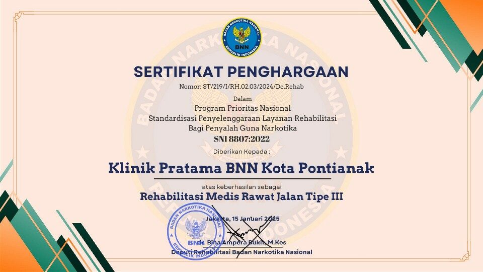 Klinik Pratama BNN Kota Pontianak telah berhasil memenuhi Standar Nasional Indonesia (SNI 8807 : 2022) Klinik Pratama BNN Kota Pontianak telah berhasil memenuhi Standar Nasional Indonesia (SNI 8807 : 2022)
